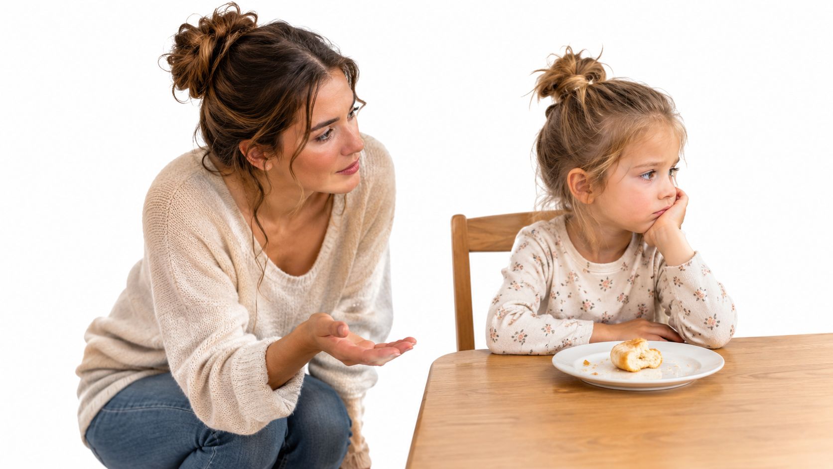 A concerned mother talks to her young daughter who looks upset while sitting at a dining table.