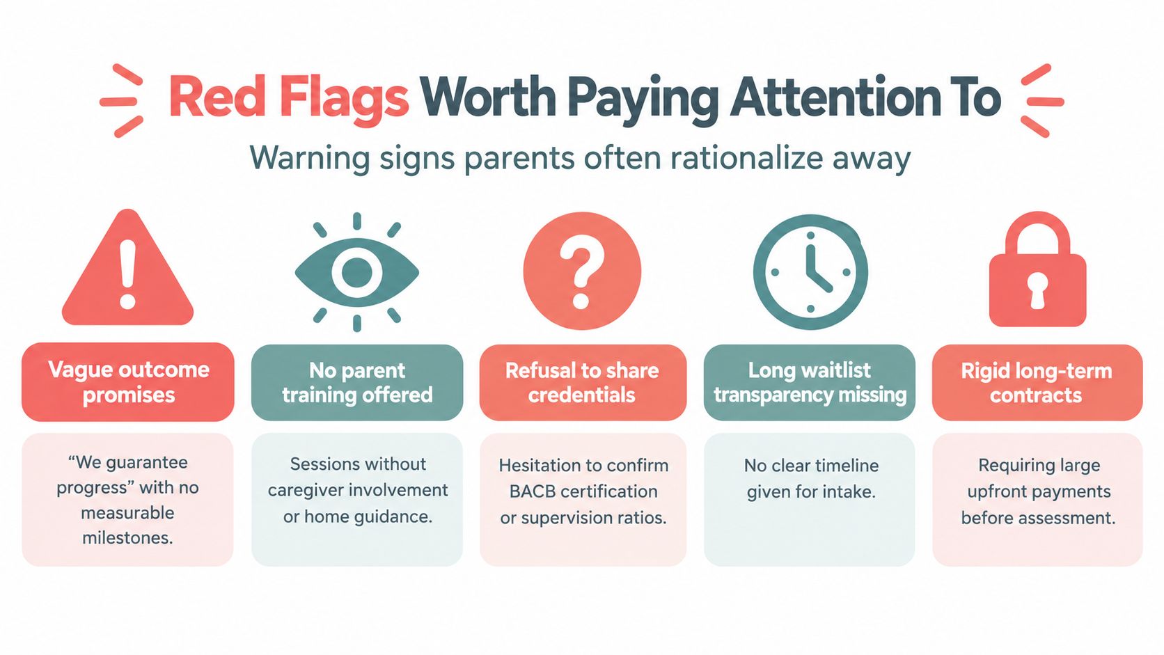 An infographic titled Red Flags Worth Paying Attention To listing warning signs of questionable therapy providers for parents.