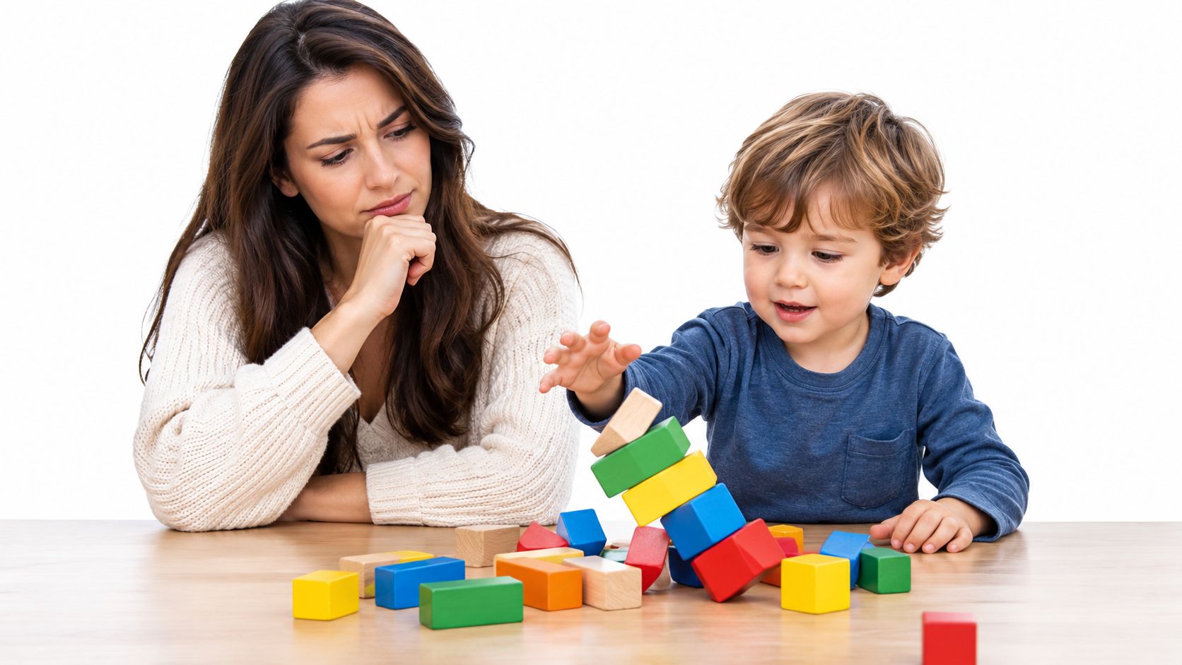 A concerned mother watches her young son playing with colorful wooden building blocks at a table.
