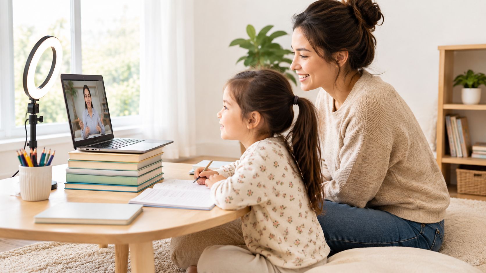 A young girl and her mother participating in an online telehealth ABA therapy session via laptop.
