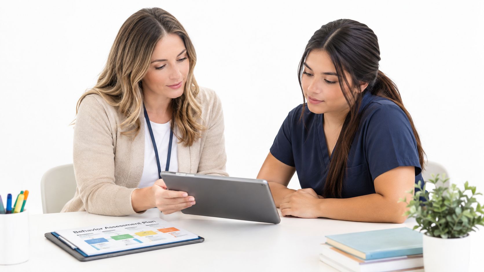 A BCBA supervisor and a behavior technician reviewing a behavior assessment plan on a digital tablet together.