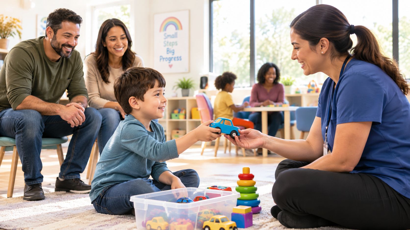 A young boy plays with a toy car alongside a female therapist while his parents observe nearby.