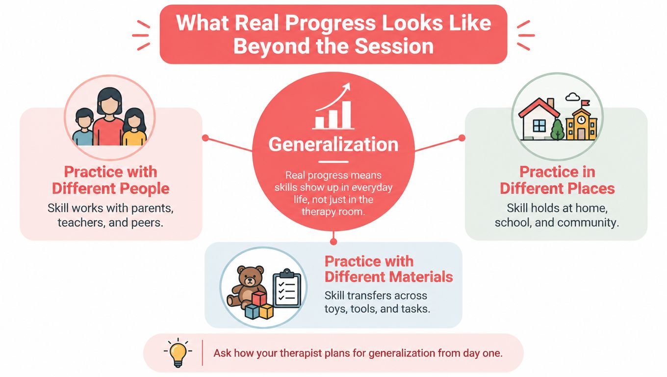 An infographic explaining that real therapy progress requires generalizing skills across different people, places, and materials.
