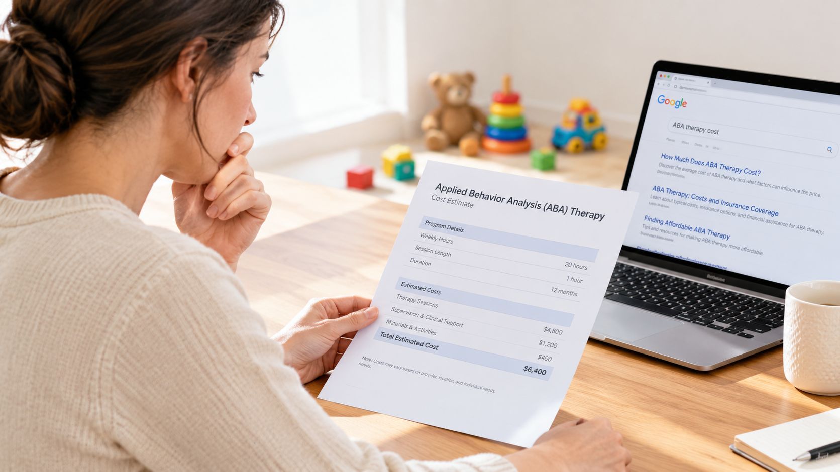 A concerned person reviewing an Applied Behavior Analysis cost estimate document while searching for therapy prices on a laptop.