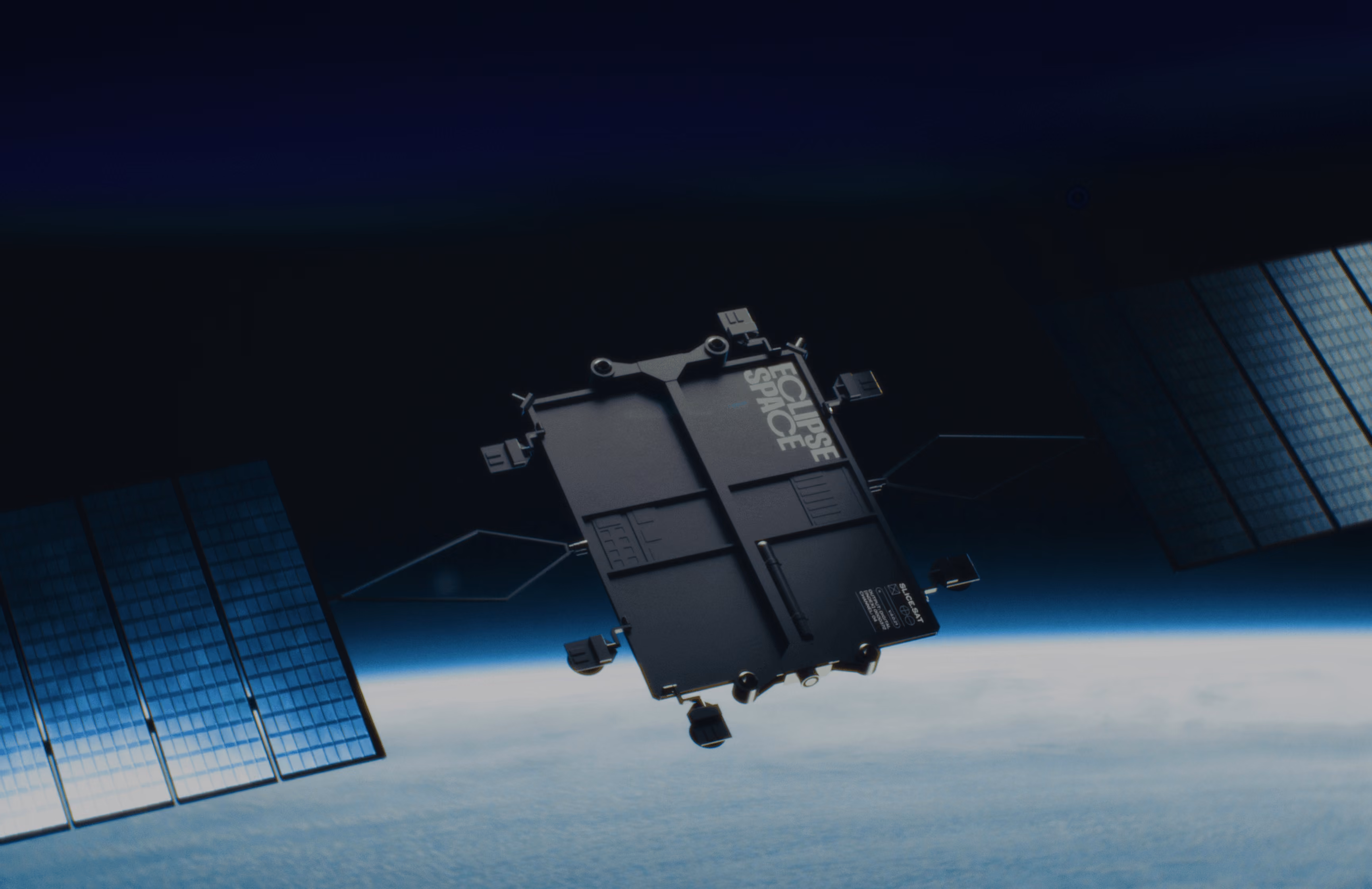Satellite labeled 'Eclipse Space' orbiting Earth with solar panels and space backdrop.