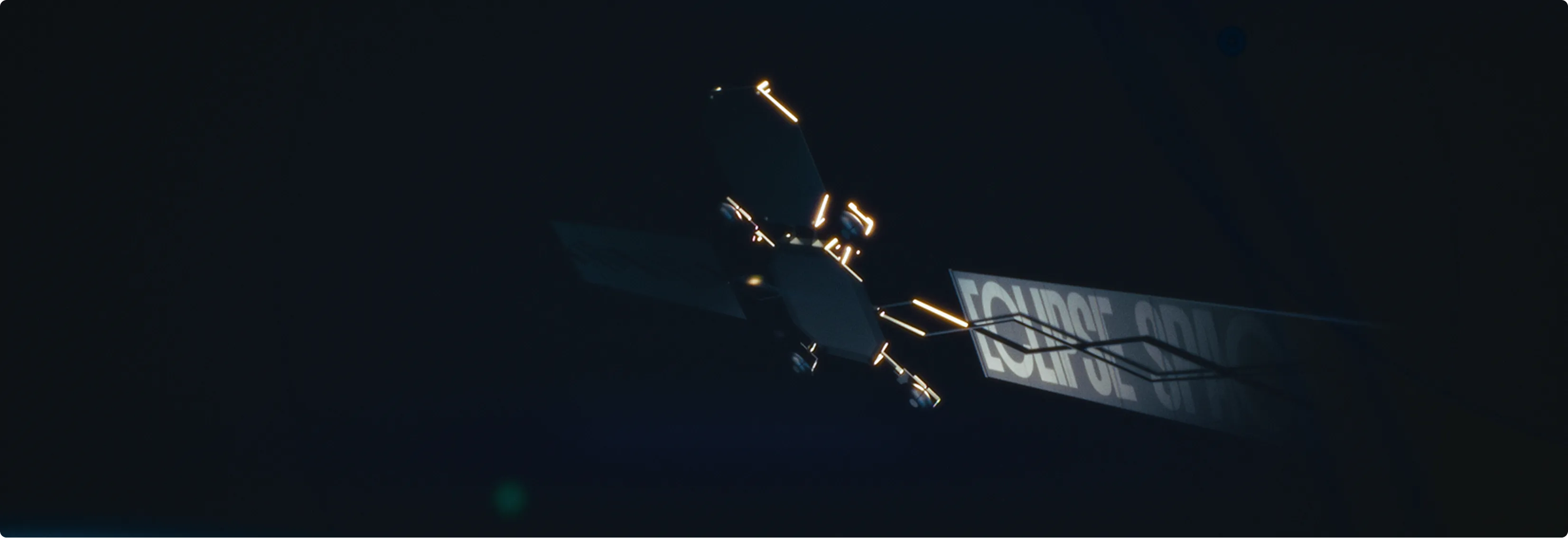 Illuminated spacecraft or satellite in dark space with faint text in the background.