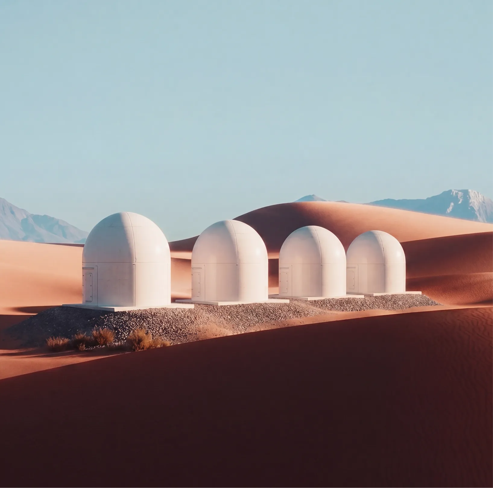 Four white dome-shaped observatories in a desert with sand dunes and mountains in the background.