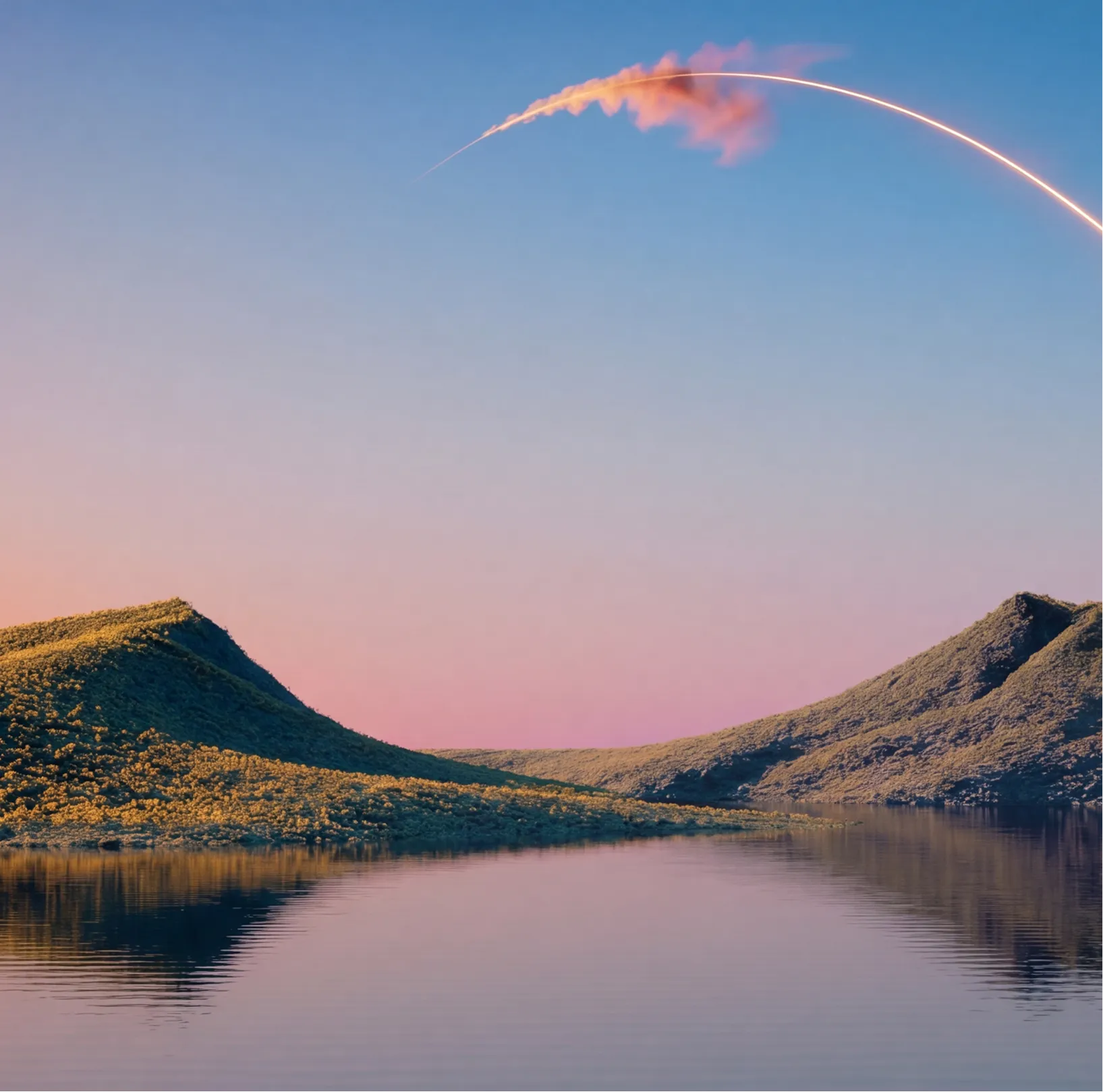 Scenic lake between hills at sunset with a bright arc and smoke trail across the sky.