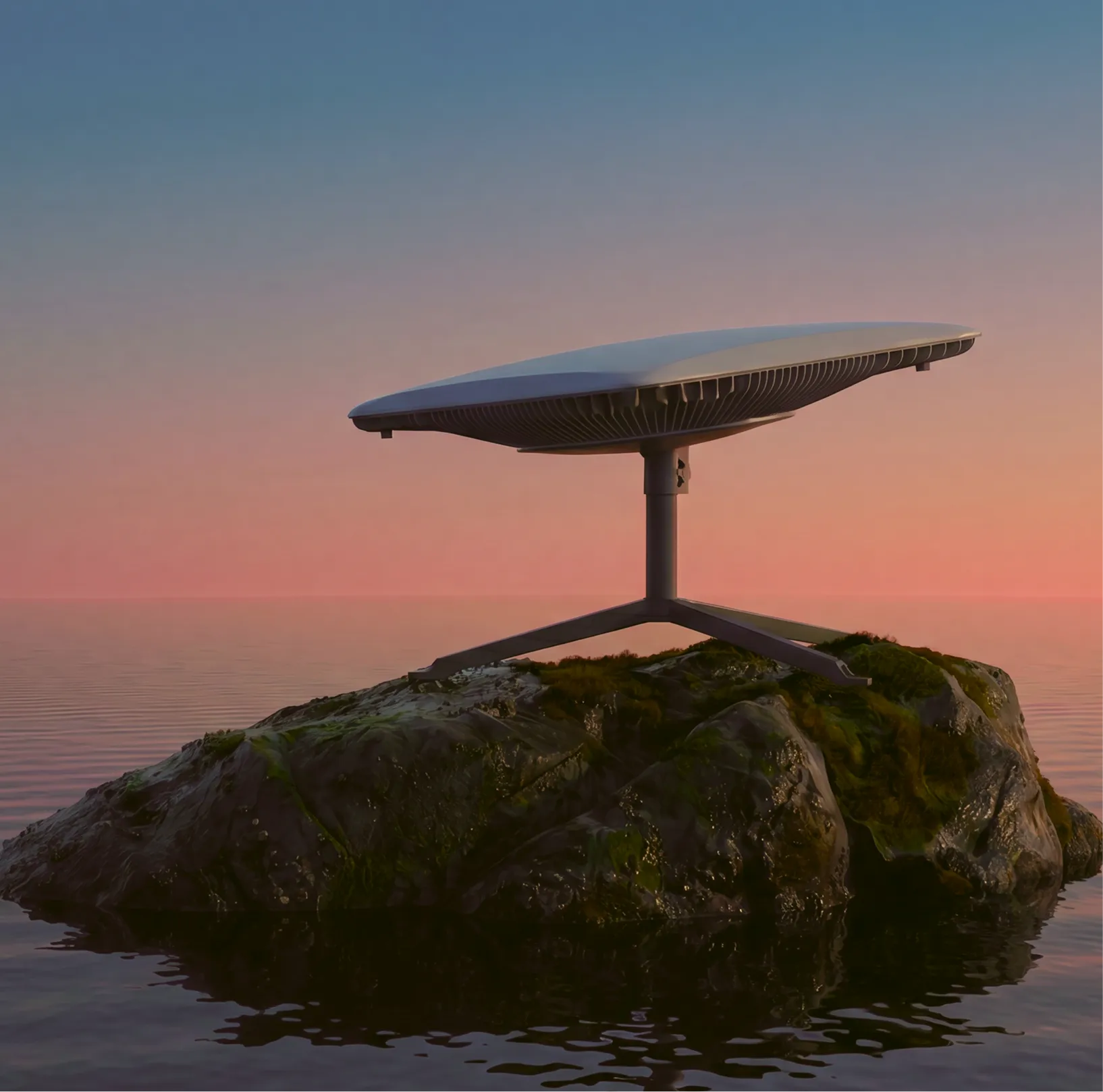 Futuristic device on a tripod stand placed on a mossy rock surrounded by calm water at sunset.