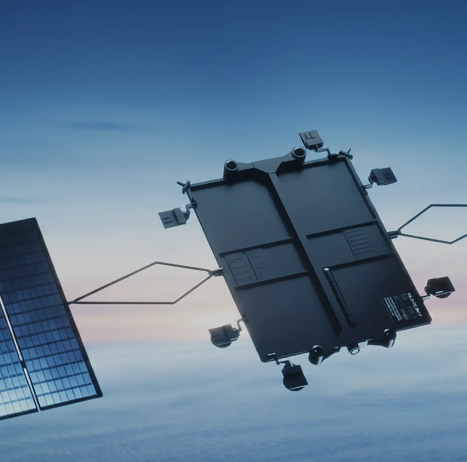 Satellite with solar panel and antennas orbiting above the Earth with a blue sky backdrop.