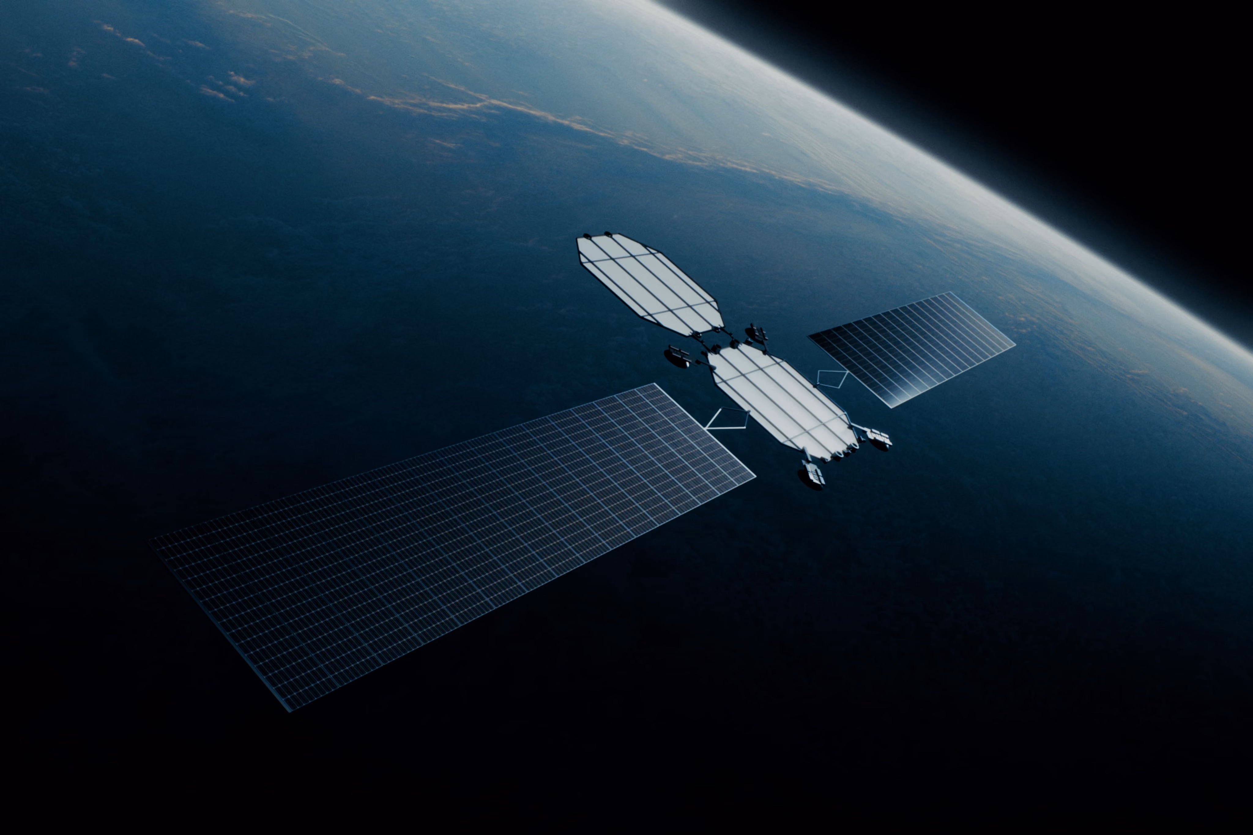 Satellite with large solar panels orbiting Earth against a dark space background.