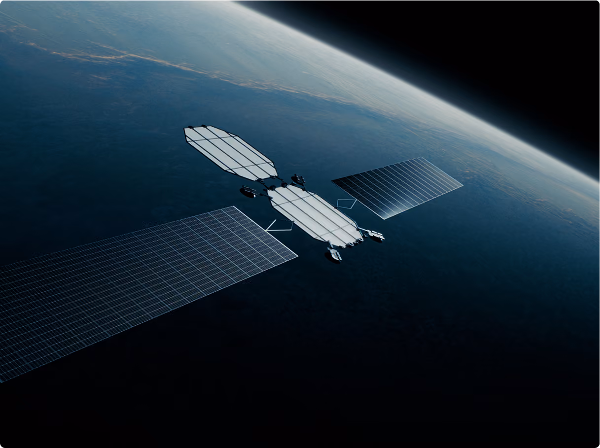 Satellite with large solar panels orbiting Earth with planet's curvature and atmosphere visible.