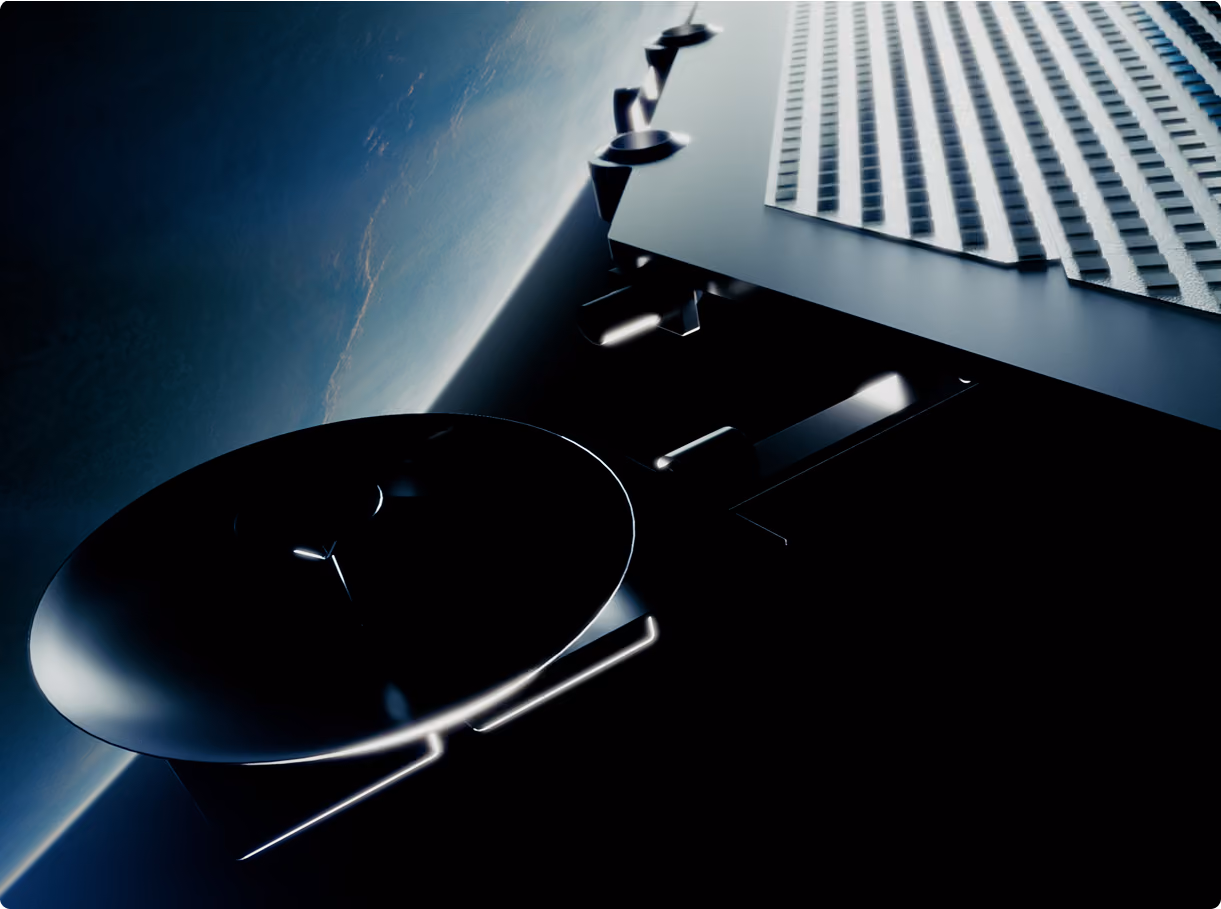 Satellite with dish and solar panel orbiting Earth in space.