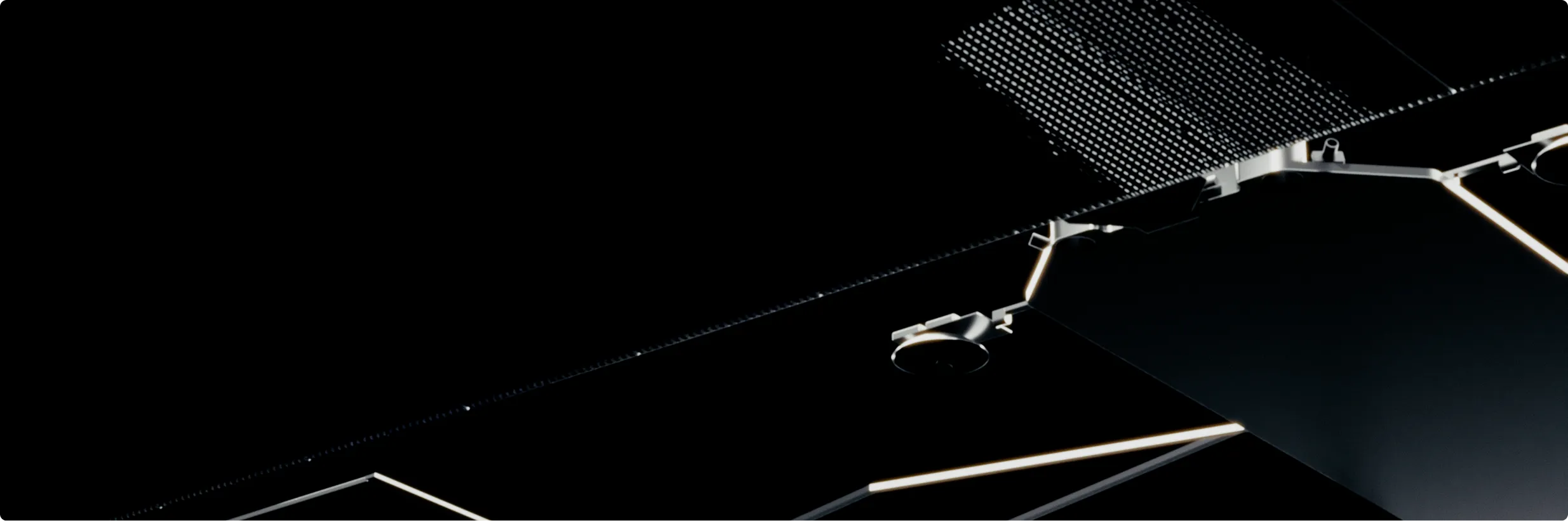 Close-up of a satellite's solar panel and structural components against a black space background.