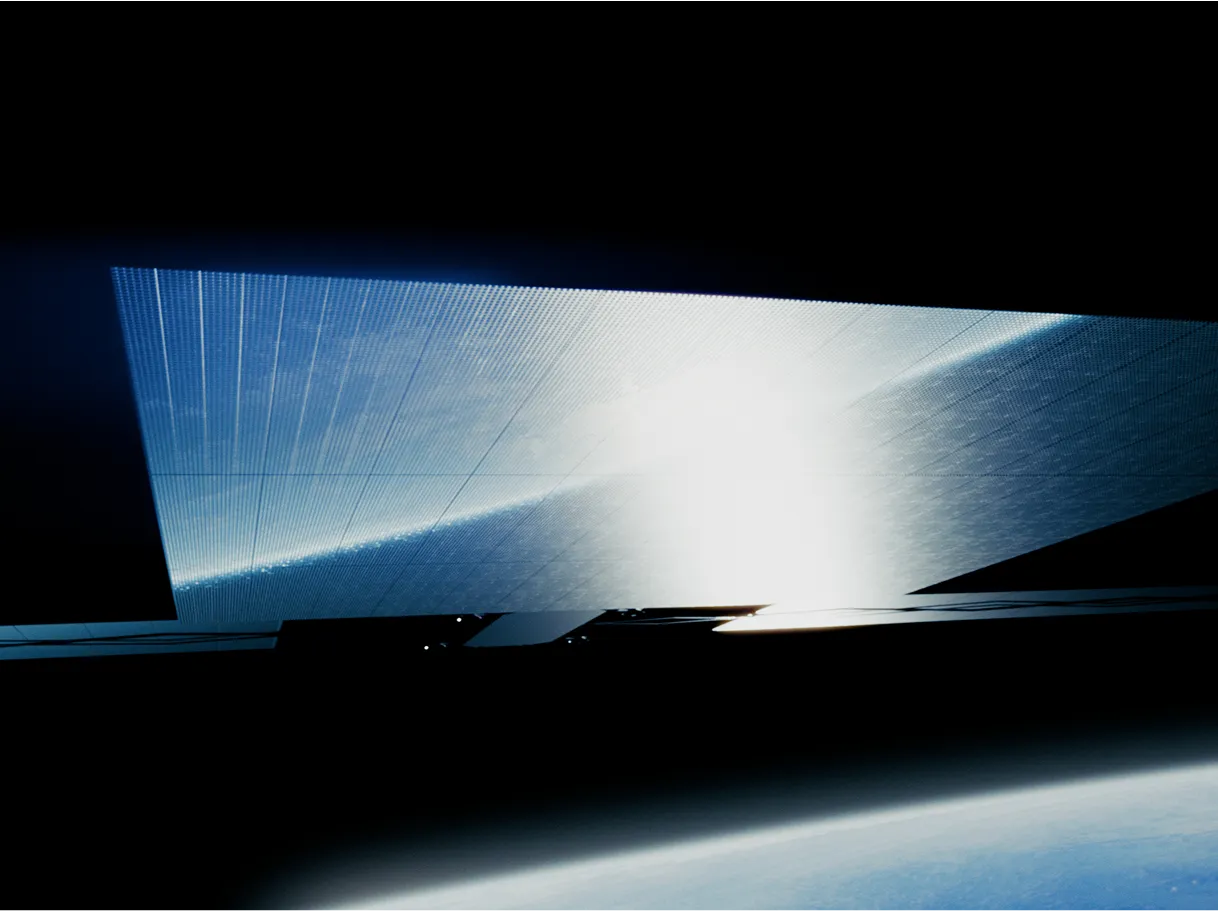 Bright sunlight reflecting off a large solar panel with Earth’s horizon visible below in space.