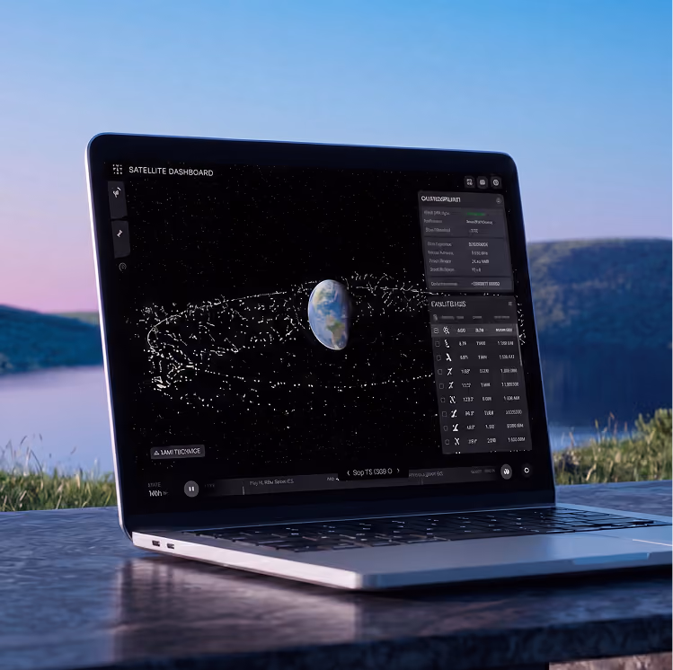 Laptop displaying a satellite dashboard with Earth and orbiting satellites against a starry black background.
