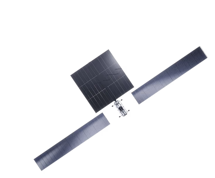 Satellite with two long solar panels and a central square section against a black background.