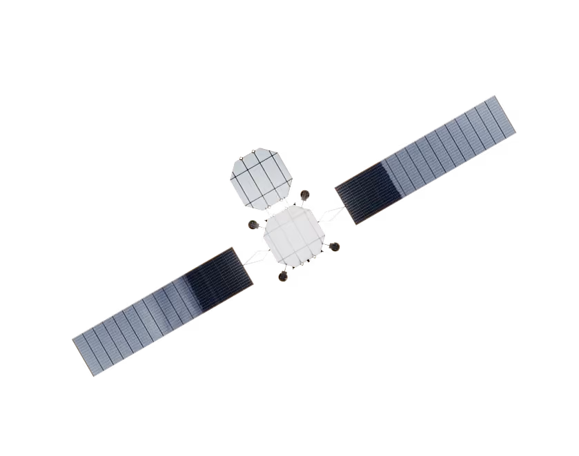 Satellite with central body and two extended rectangular solar panels against a black background.