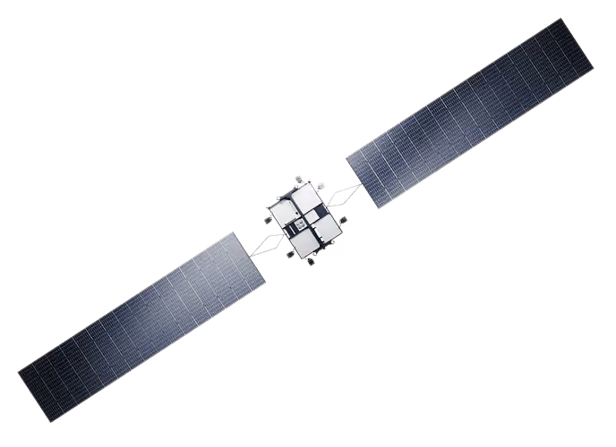 Satellite with two large solar panel wings extended on a black background.