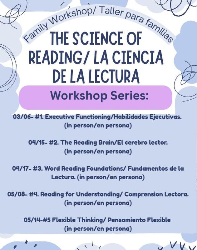 Science of Reading bilingual family workshop series flyer with five session dates