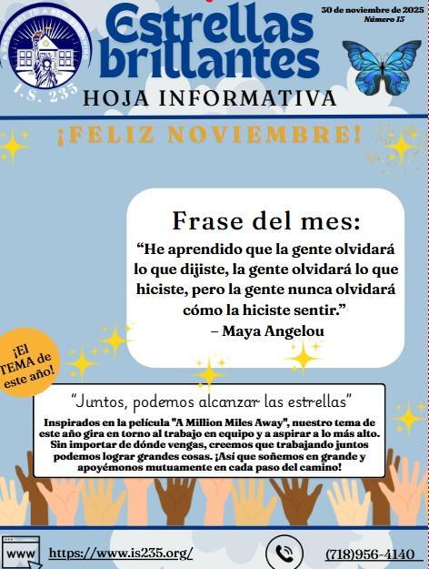 Estrellas Brillantes November 2025 Spanish school newsletter flyer