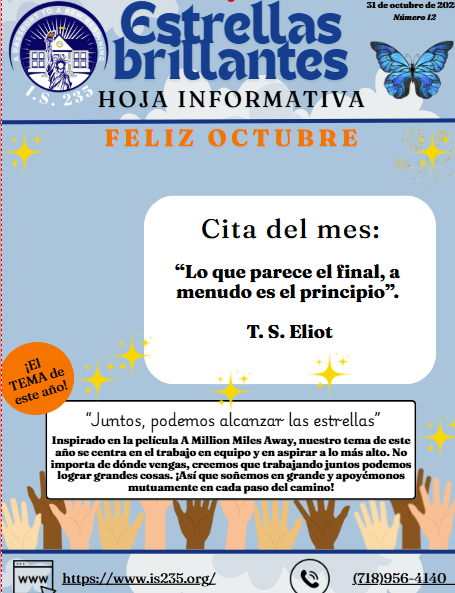 Estrellas Brillantes October newsletter number 12 from IS 235