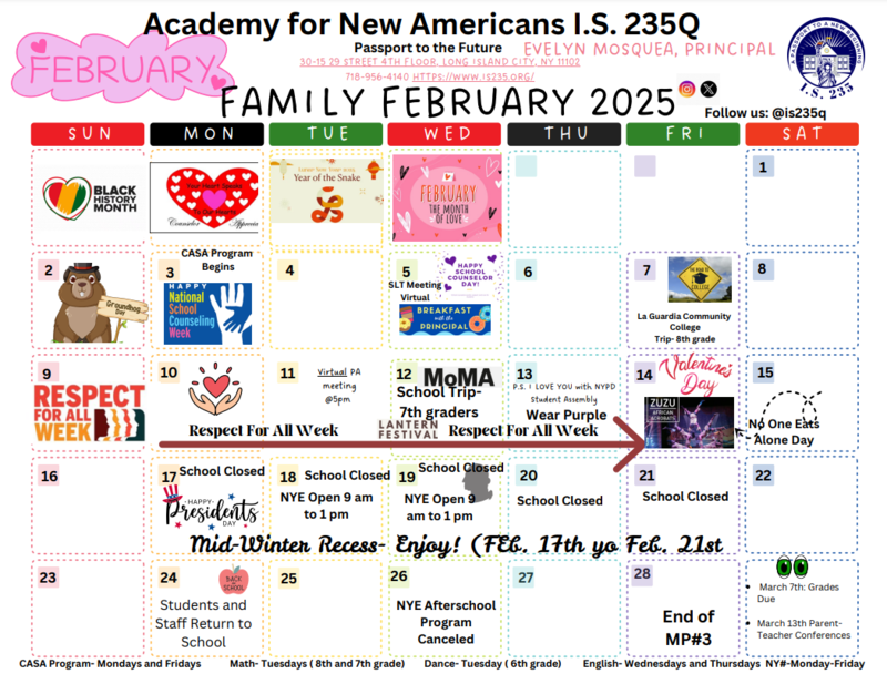 Academy for New Americans IS 235Q family calendar for February 2025