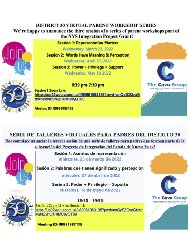 District 30 virtual parent workshop series flyer in English and Spanish