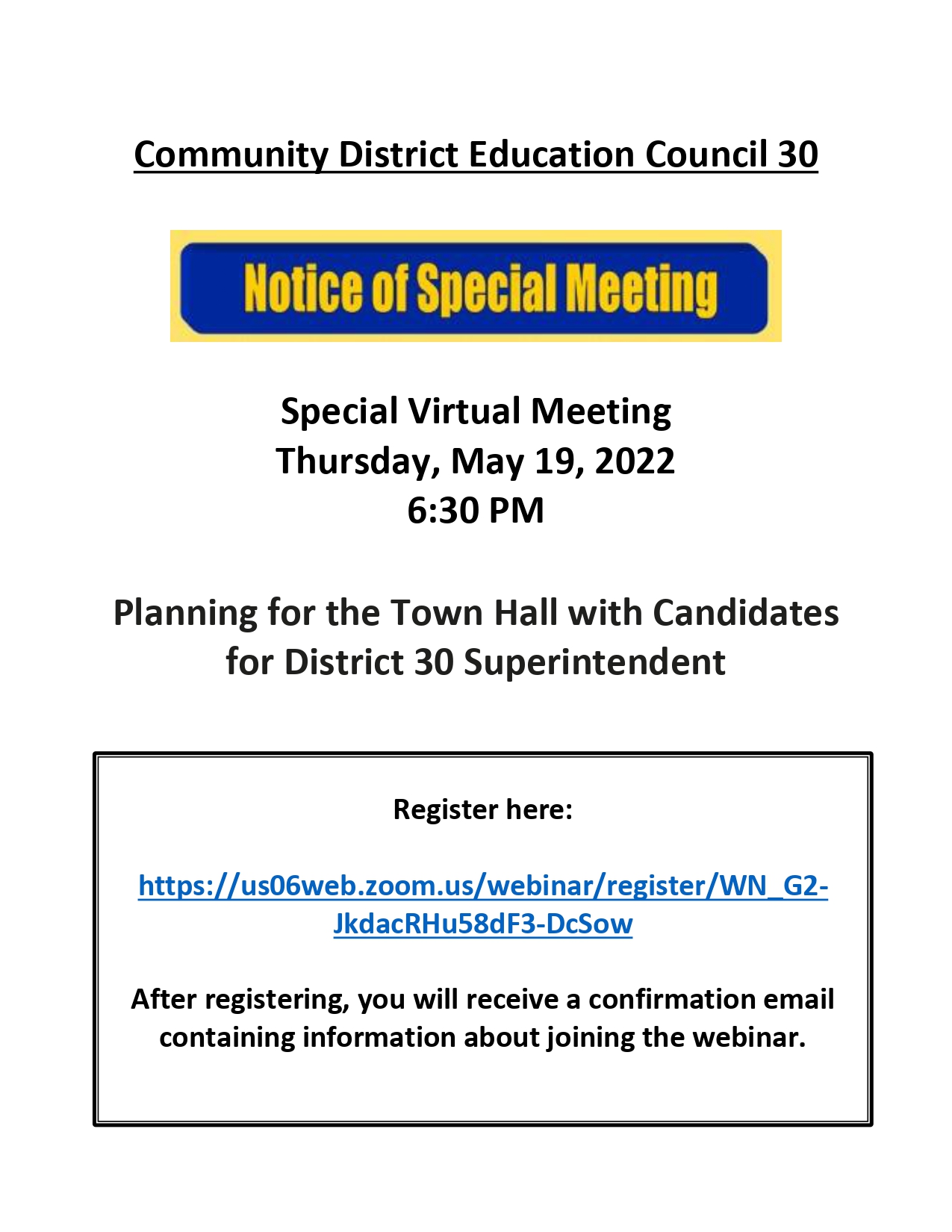 Notice of Special Meeting flyer for Community District Education Council 30 virtual event