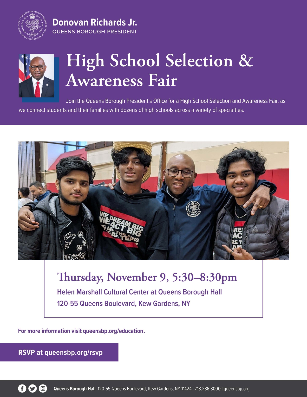 Borough President Richards with students at High School Selection Fair flyer