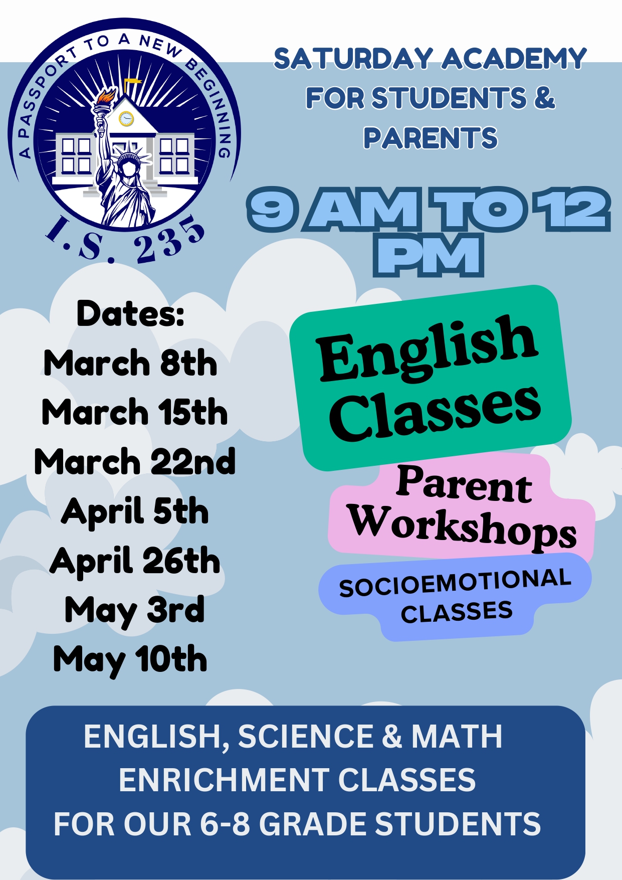 IS 235 Saturday Academy flyer with dates classes and schedule details