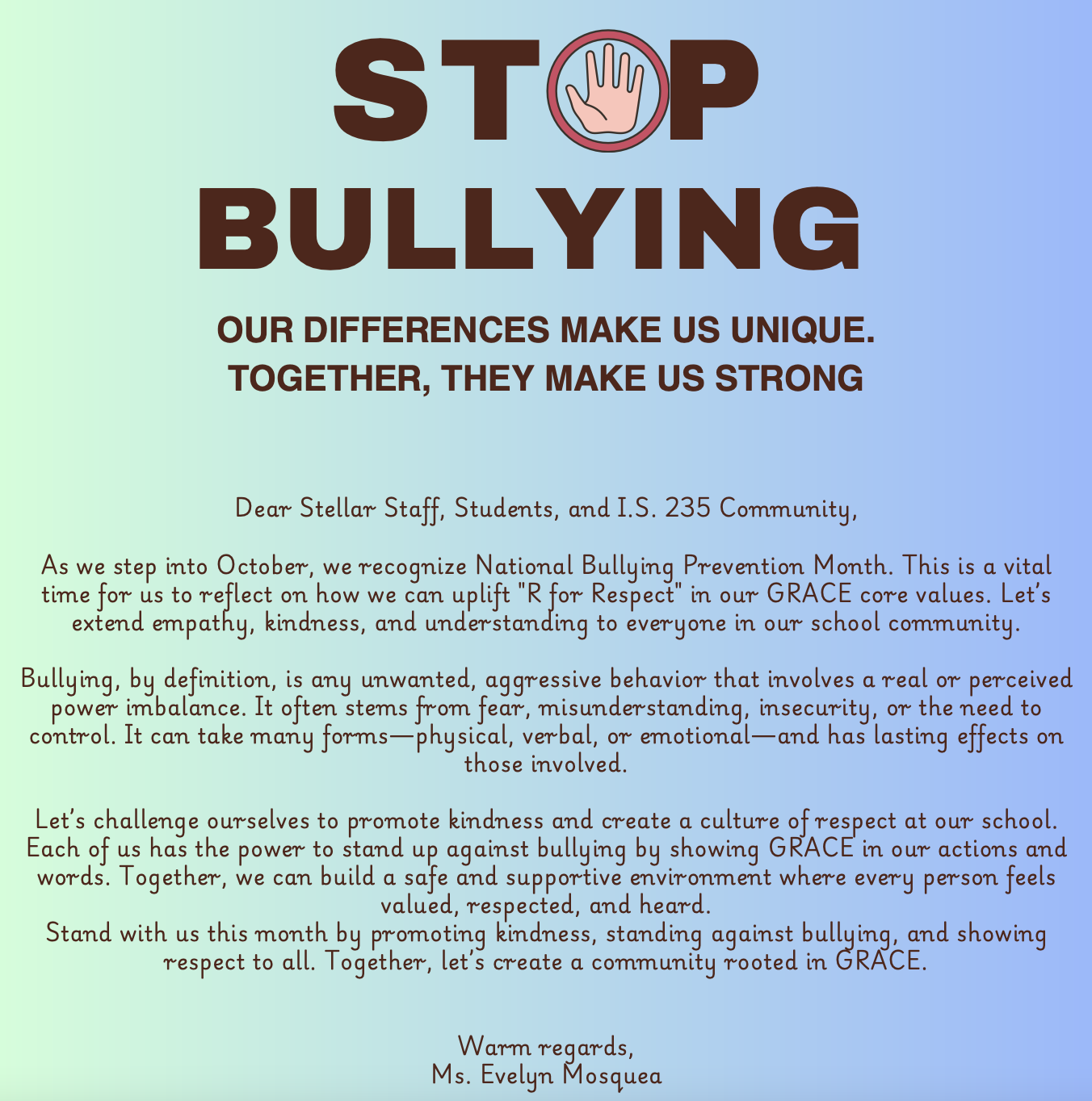 Stop Bullying awareness message from principal Ms Evelyn Mosquea