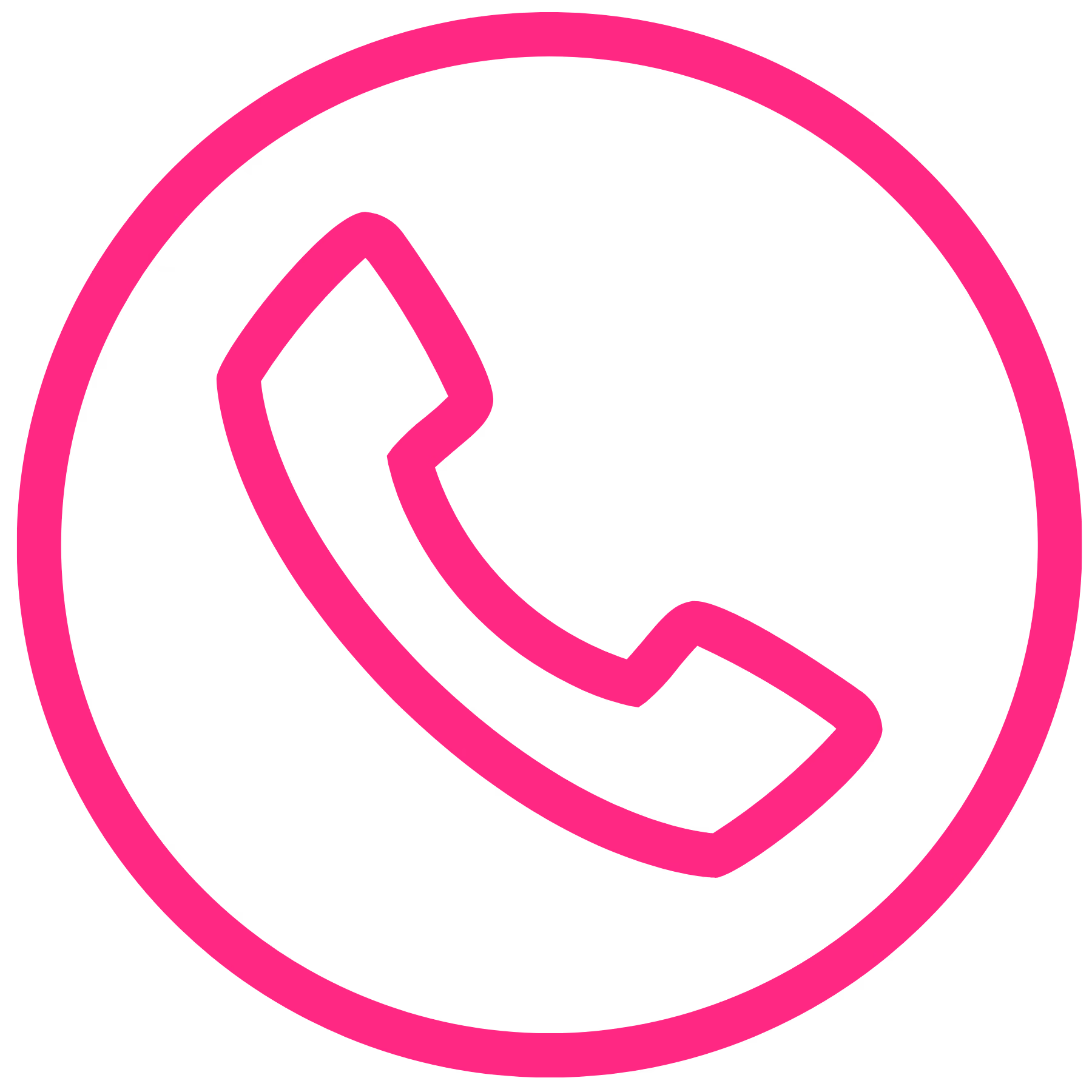 Pink phone handset icon inside a pink circle on a black background.