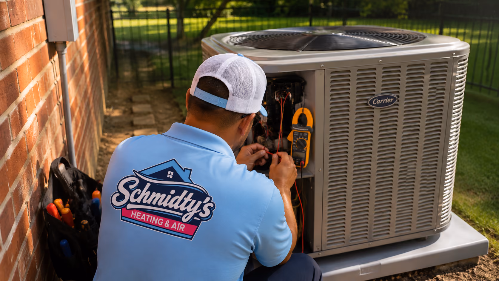 Technician from Schmidty's Heating & Air repairing a Carrier air conditioning unit outdoors.