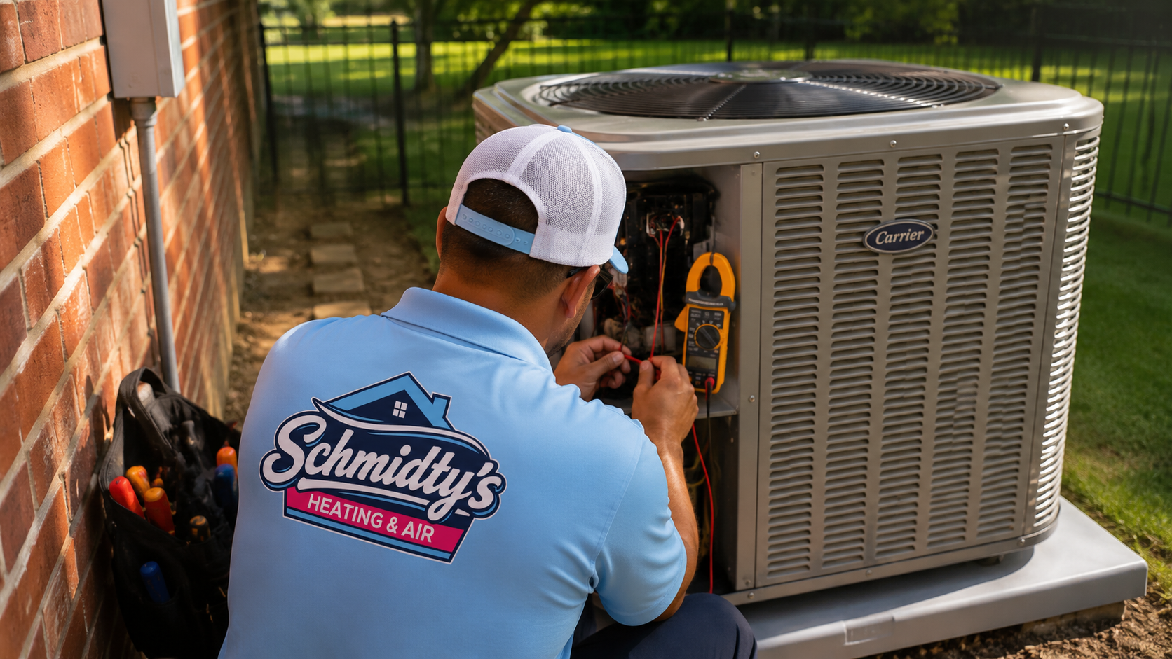 Technician from Schmidty's Heating & Air repairing a Carrier air conditioning unit outdoors.