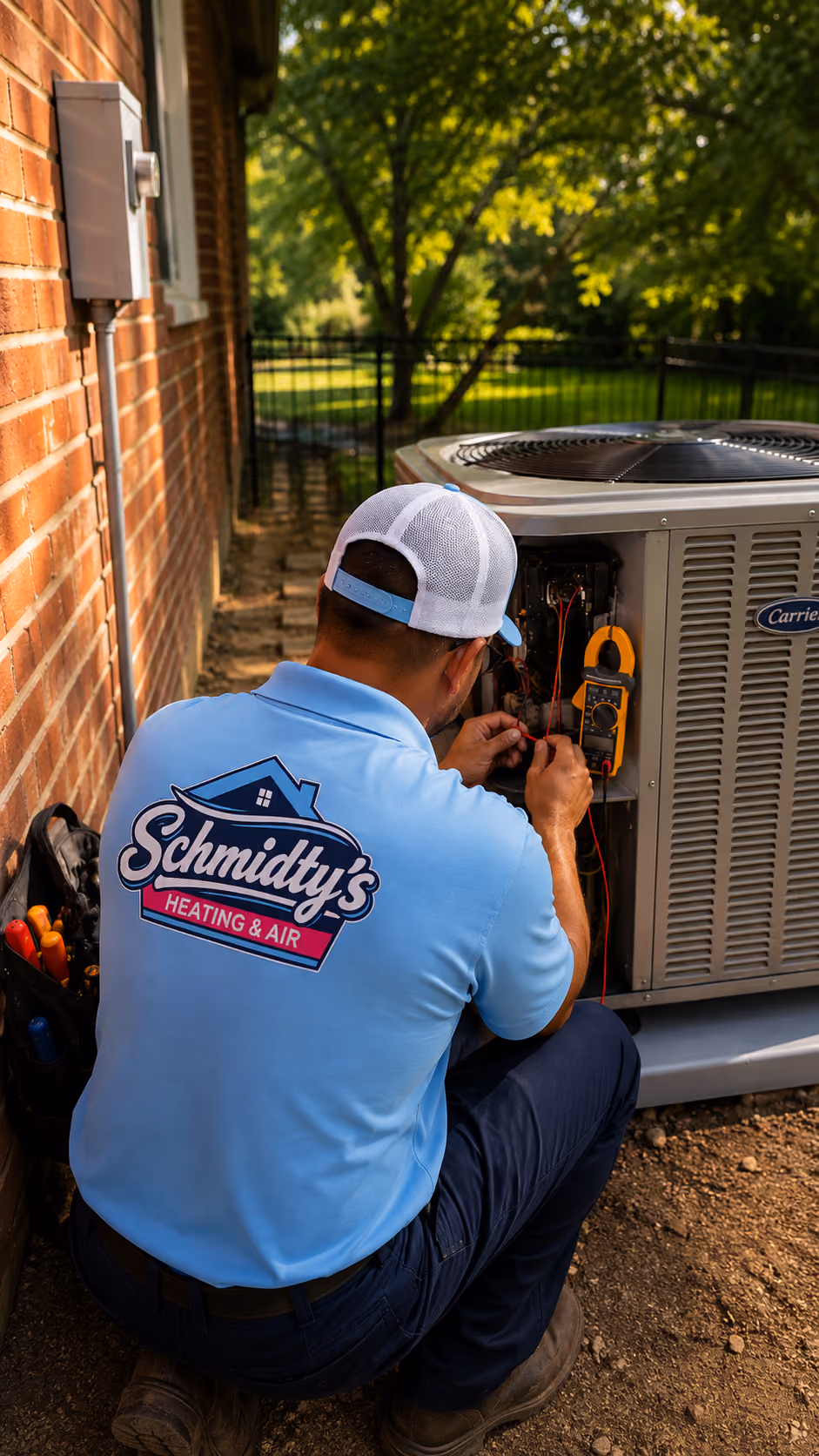 Technician in blue Schmidty's Heating & Air shirt repairs outdoor AC unit with tools.