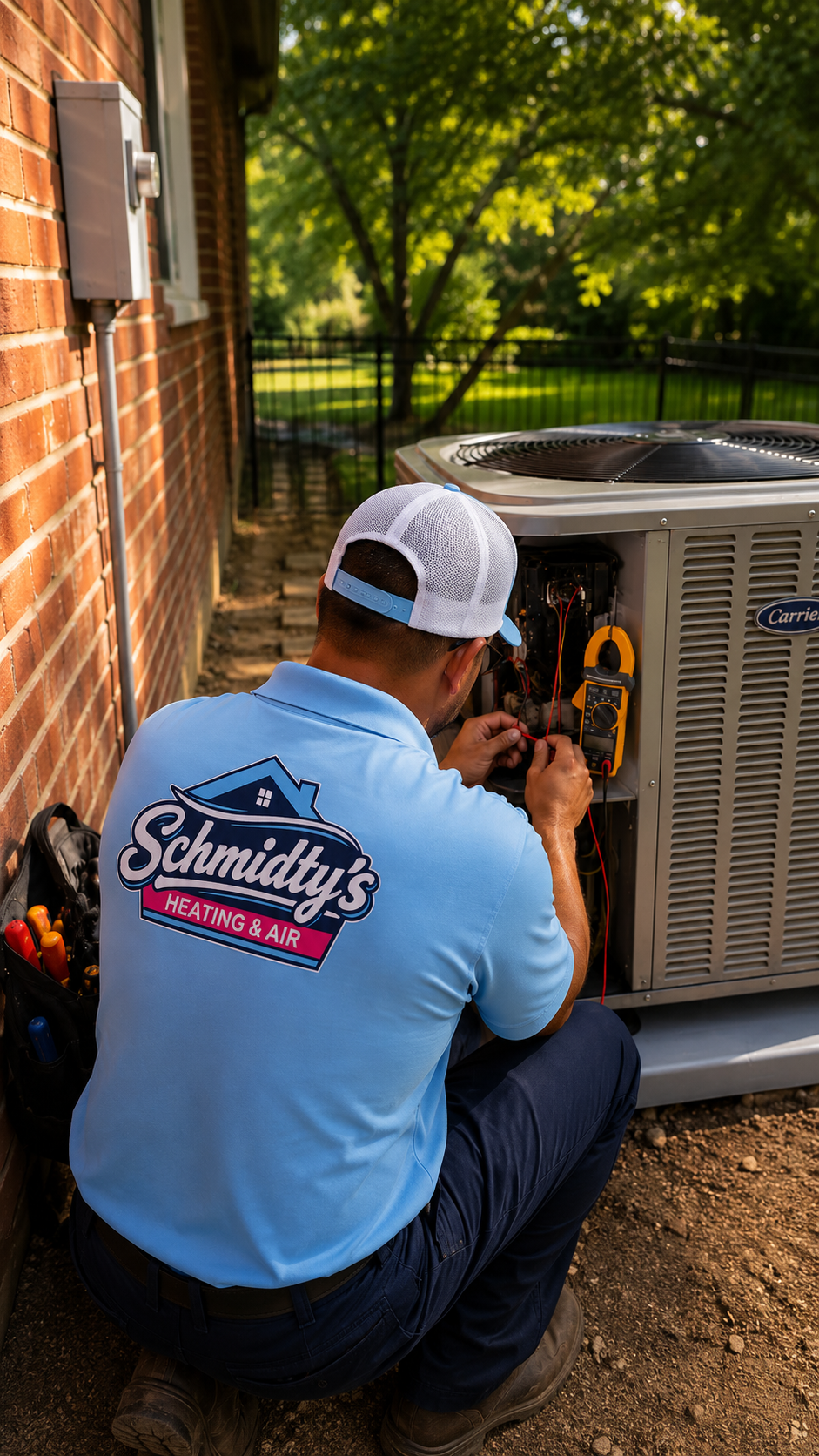 Technician in blue Schmidty's Heating & Air shirt repairs outdoor AC unit with tools.