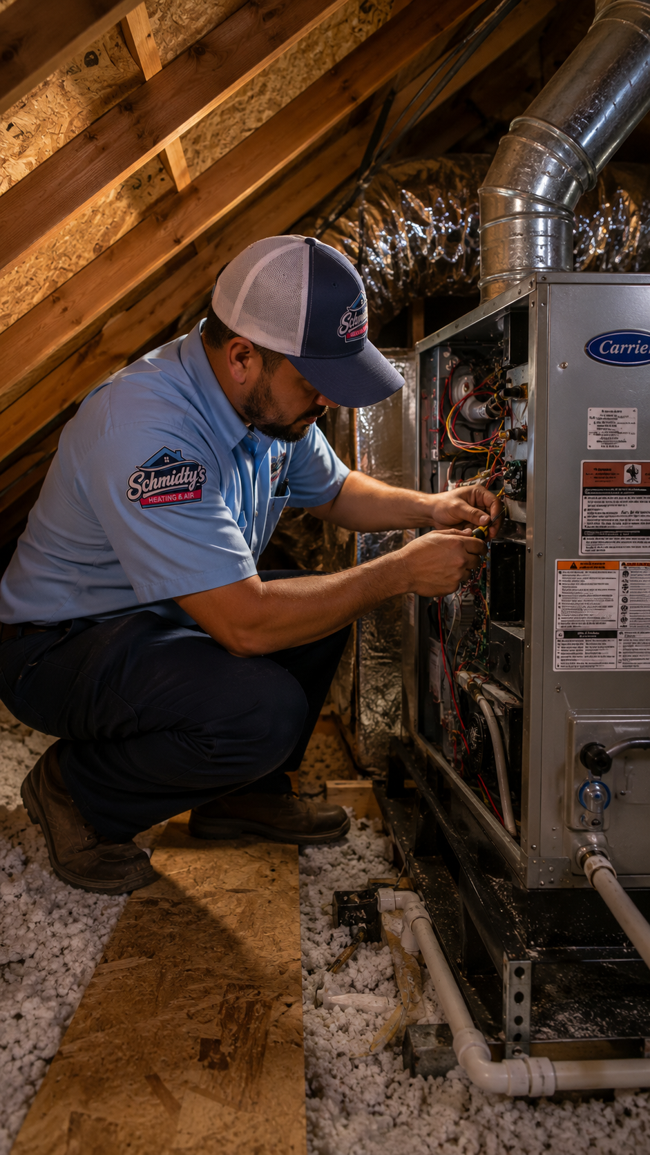 Technician in uniform repairing HVAC unit inside attic with exposed insulation and wooden beams.