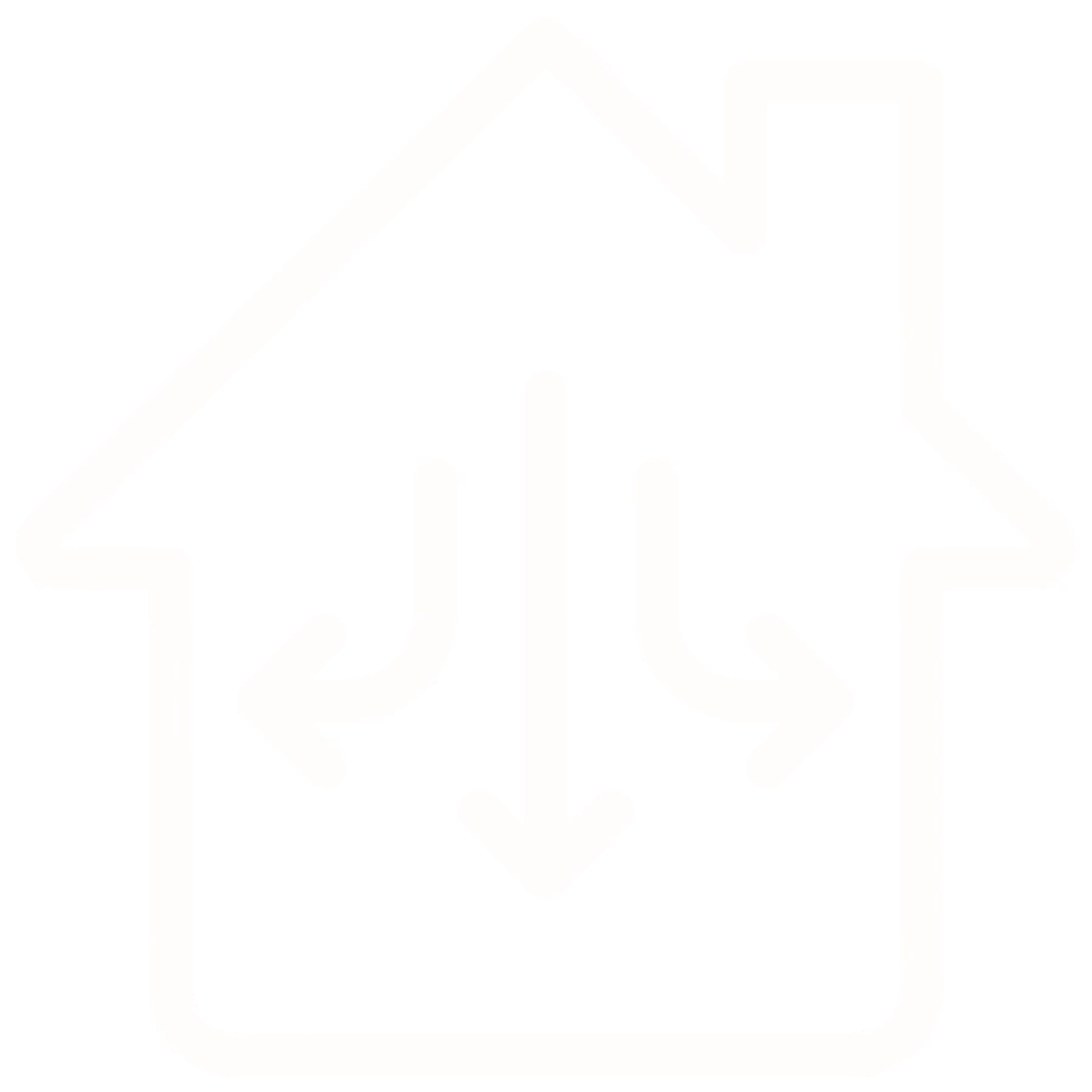 Outline of a house with three arrows inside pointing left, down, and right.