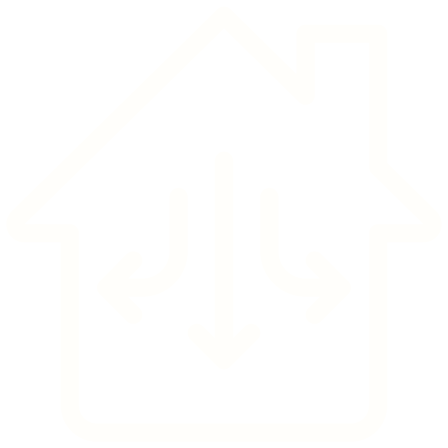 Outline of a house with three arrows inside pointing left, down, and right.
