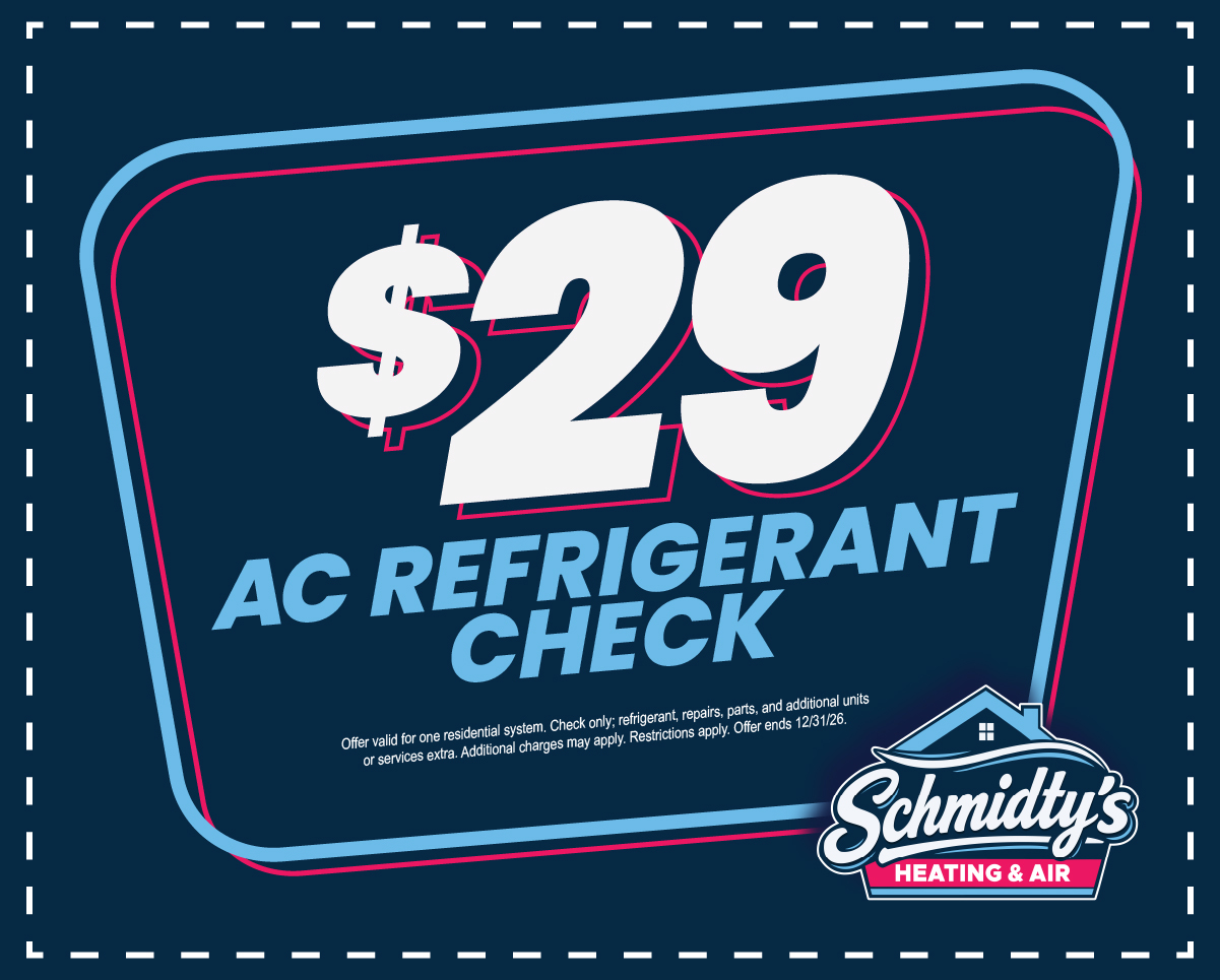 $29 AC refrigerant check offer from Schmidty's Heating & Air with terms and expiration date.