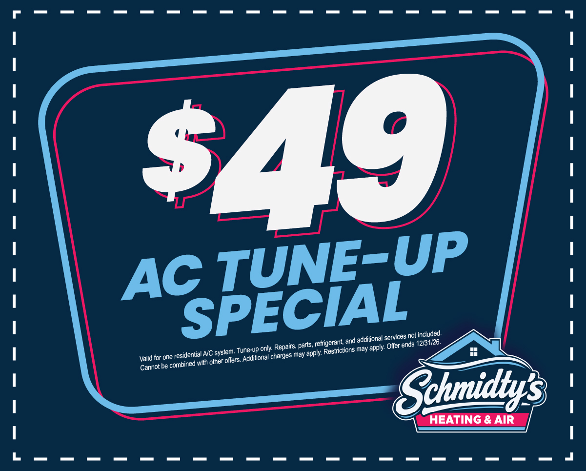 $49 AC tune-up special offer from Schmidty's Heating & Air with terms and conditions.
