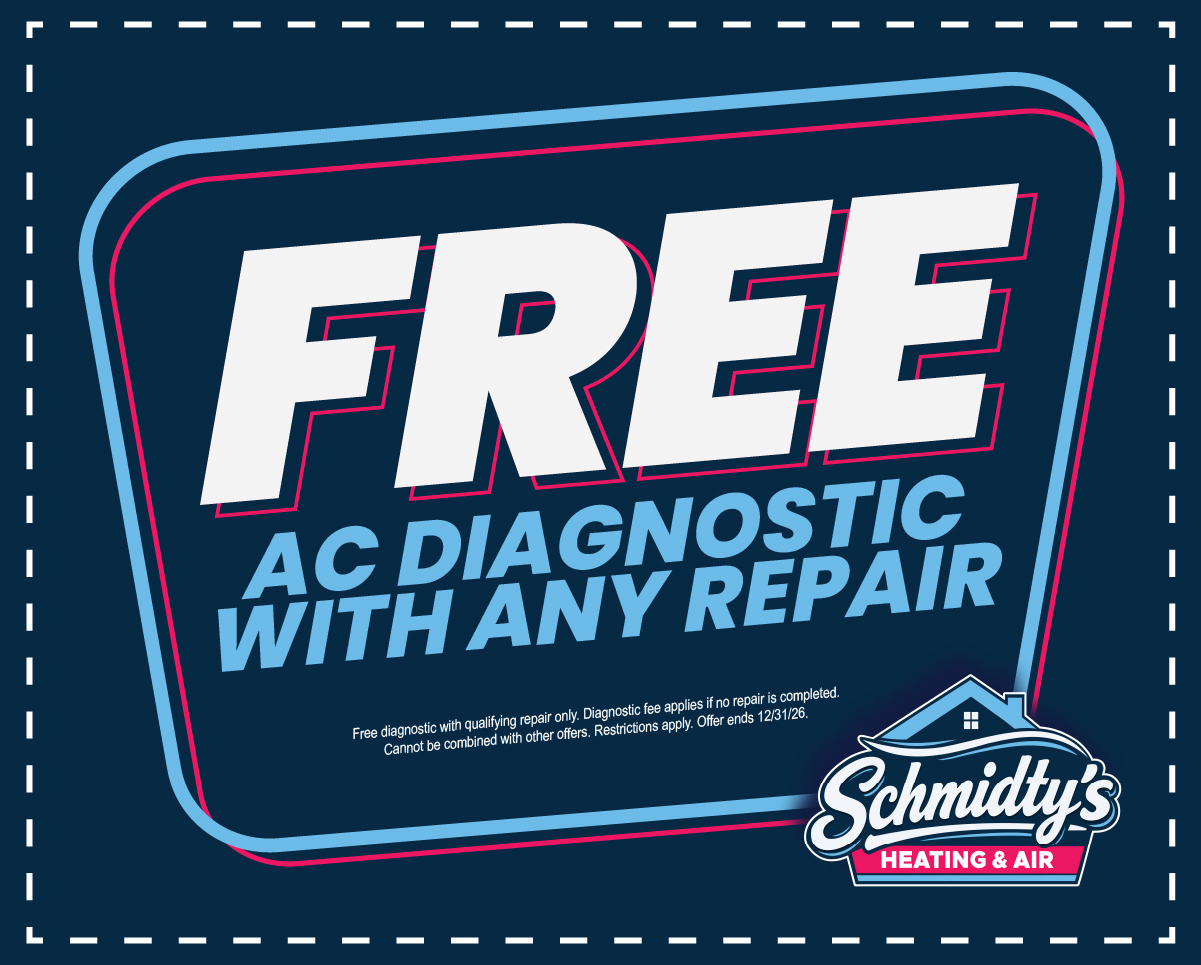 Coupon offering free AC diagnostic with any repair from Schmidty's Heating & Air service.