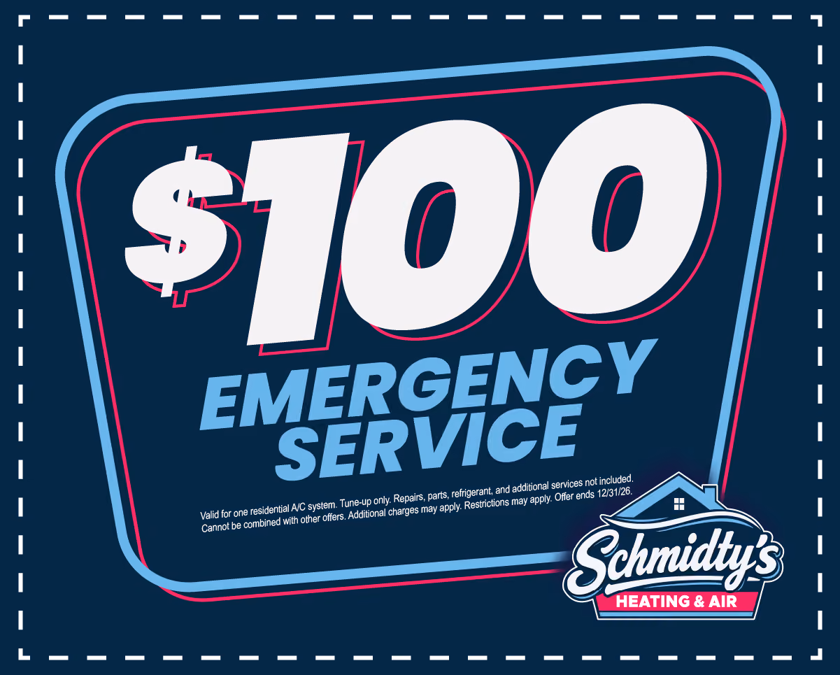 $100 emergency service offer for residential A/C tune-up by Schmidty's Heating & Air.