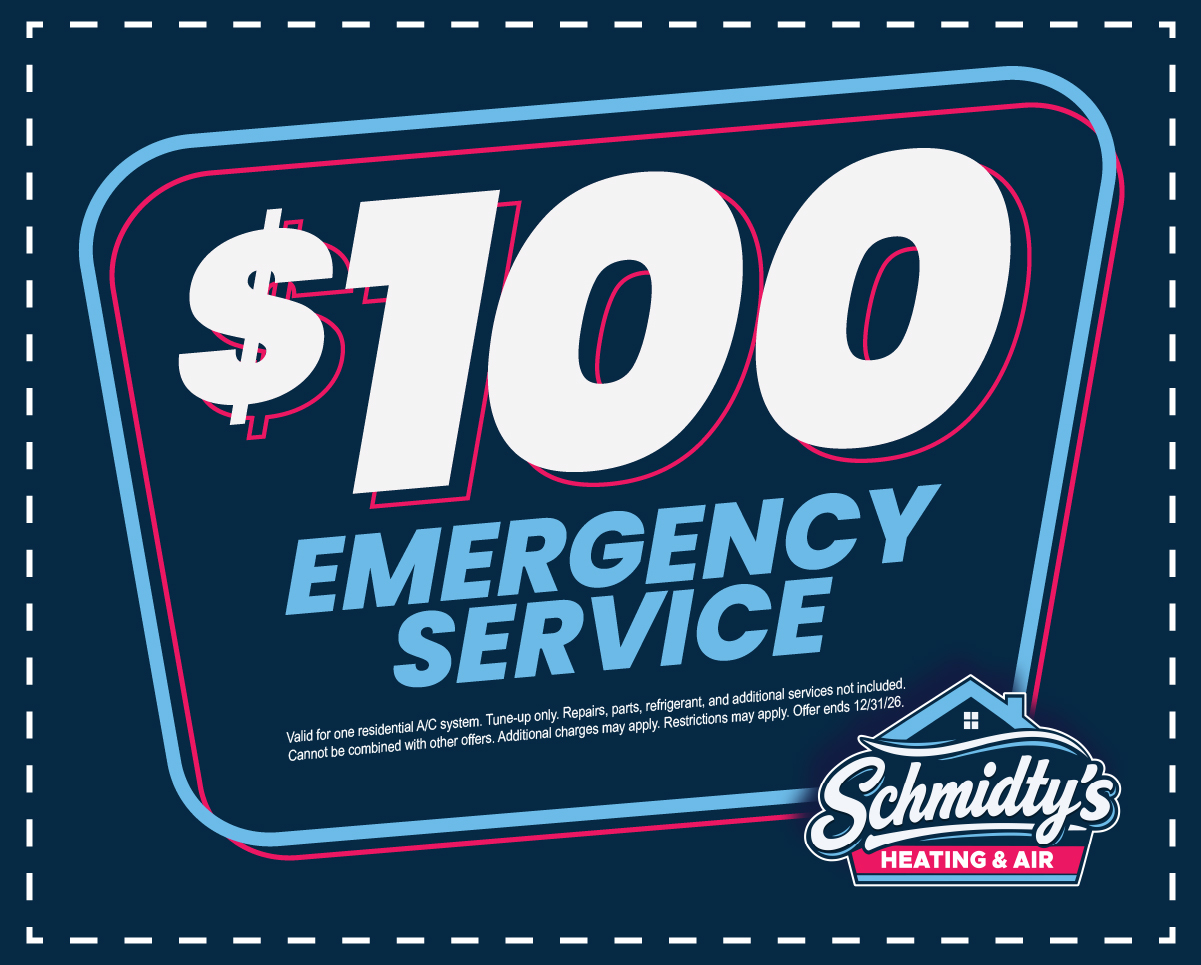 $100 emergency service offer for residential A/C tune-up by Schmidty's Heating & Air.