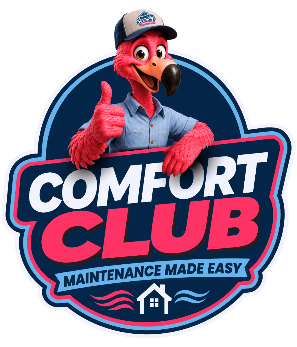 Comfort Club logo with a pink flamingo in a shirt and cap giving a thumbs up above the text Maintenance Made Easy.