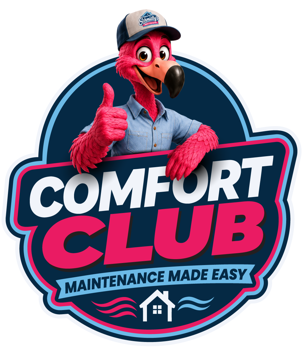 Comfort Club logo with a pink flamingo in a shirt and cap giving a thumbs up above the text Maintenance Made Easy.
