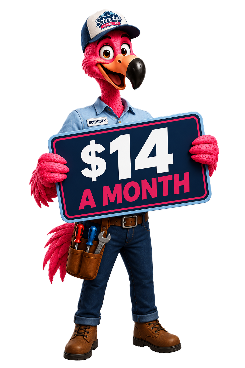 Pink flamingo mascot wearing work uniform holding sign reading '$14 A MONTH'.