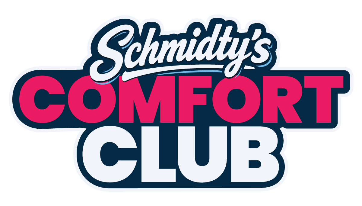 Logo with text Schmidtys Comfort Club in bold, stylized font.