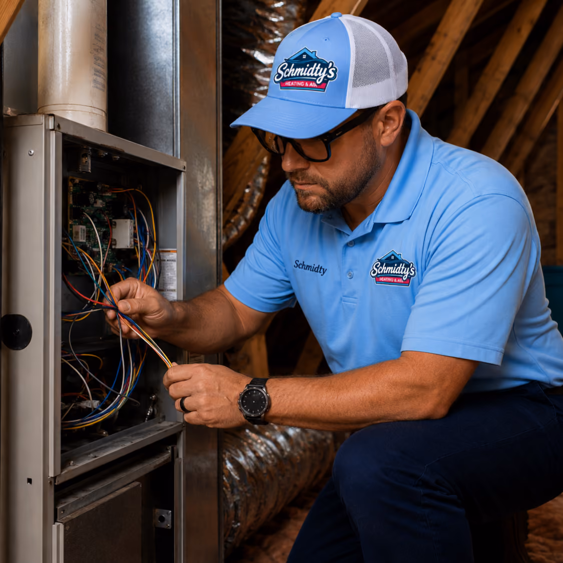 Technician in blue Schmidtys uniform repairing wiring inside a furnace in an attic.
